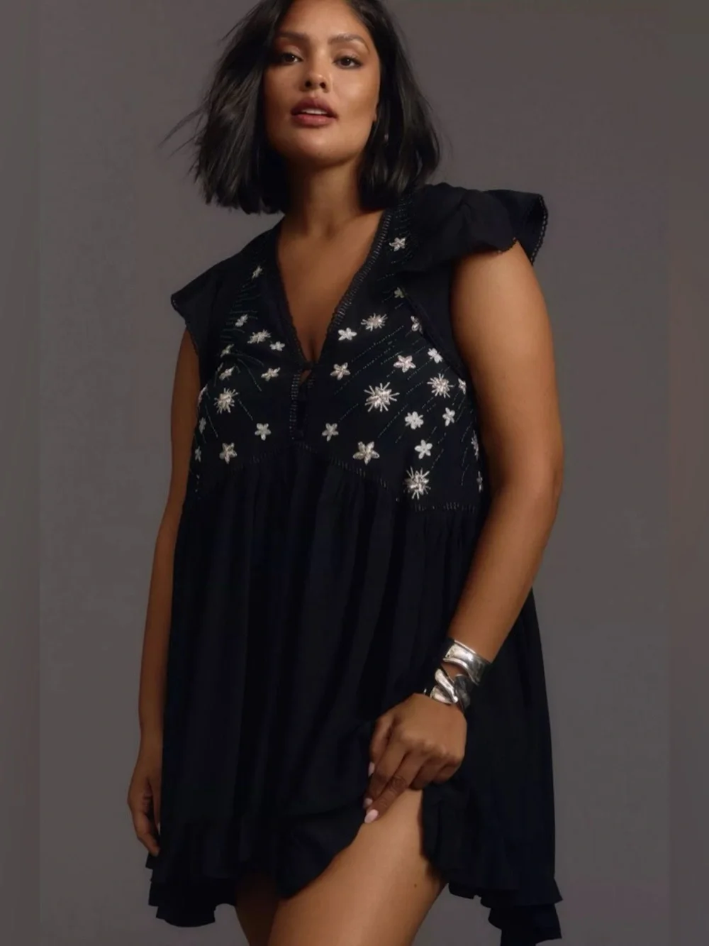 By Anthropologie | V-neck Floral-Embroidered Sequin Deco Swing Dress
